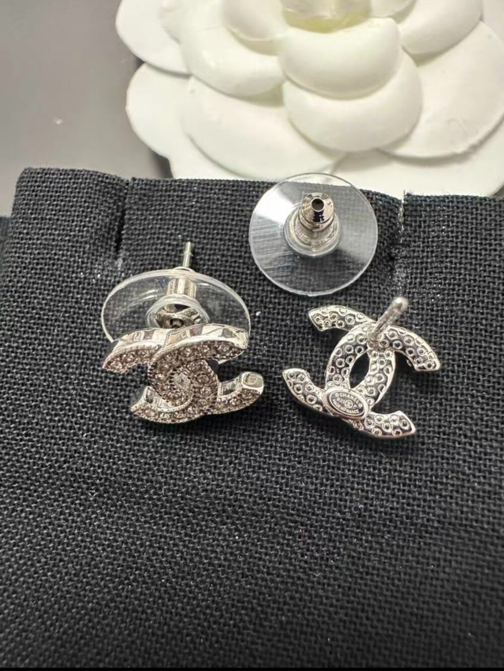 Chanel Classic CC Logo Paved Stud Earrings
